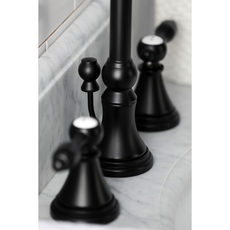 Kingston Brass Tudor Two-Handle 3-Hole Deck Mount Widespread Bathroom Faucet with Brass Pop-Up Drain, Matte Black