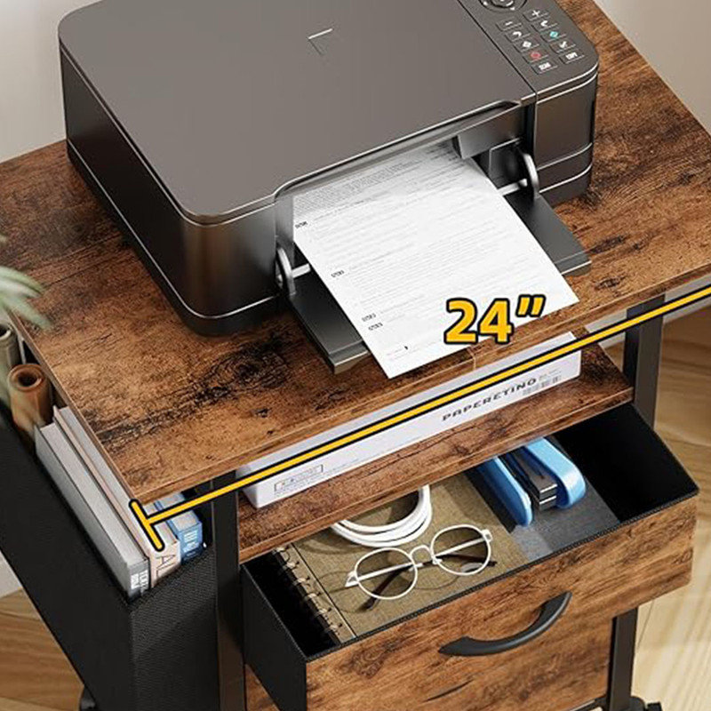 2 Drawer File Cabinet with 24'' Extended Desktop,  Rolling File Cabinet with Side Bag, Fabric Drawer, Light Brown