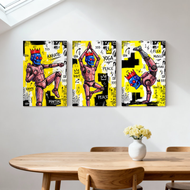 «Robot Karate Yoga Peace», ensemble de 3 reproductions d'art sur toile, H 30 po x l 60 po