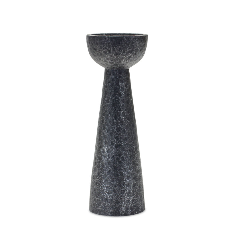 Set of Two Black Hammered Polyresin Tabletop Pillar Candle Holders