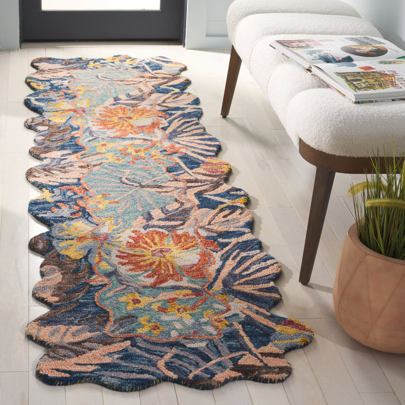 Carachure 355 Hand Tufted Wool/Cotton Floral Rug in Navy/Turquoise, Runner 2'3" x 8'