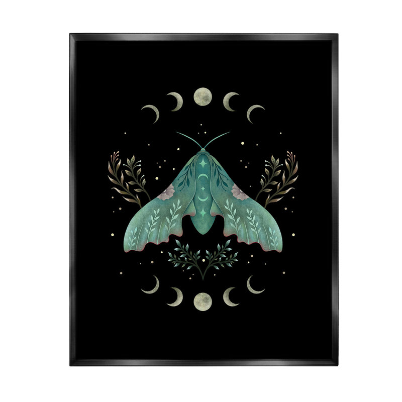 "Papillon céleste et lune" sur toile, Cadre flottant noir de jais, H 21 po x l 17 po