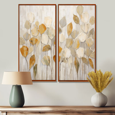 «Beige Botanical Impressions II», art mural abstrait botanique 2 pièces