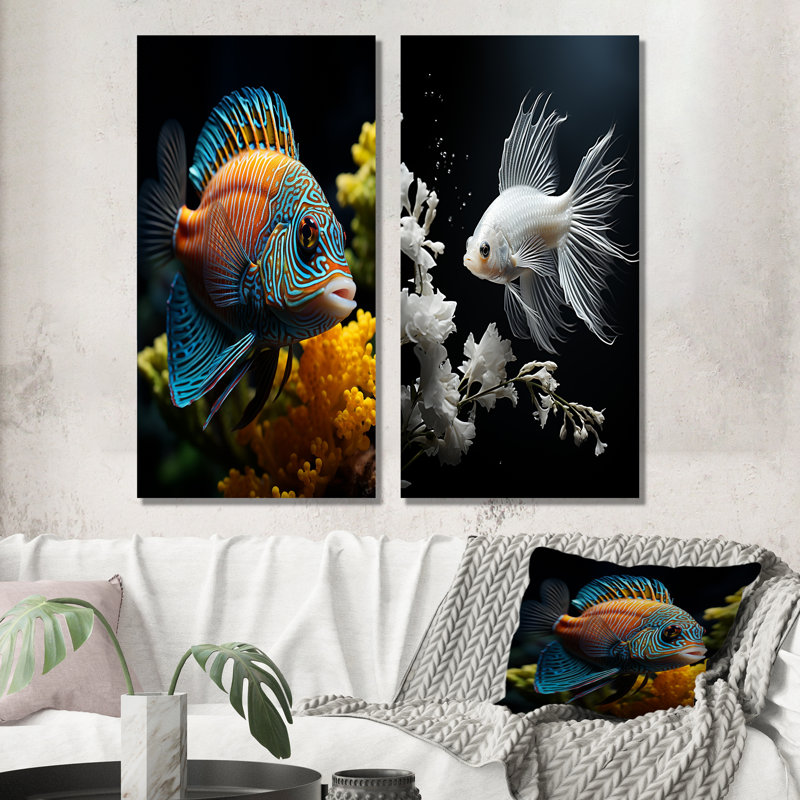 Corail, papillon, aigue-marine, aventure - ensemble de 2 reproductions d'art sur toile, Toile tendue, H 32 po x l 33 po