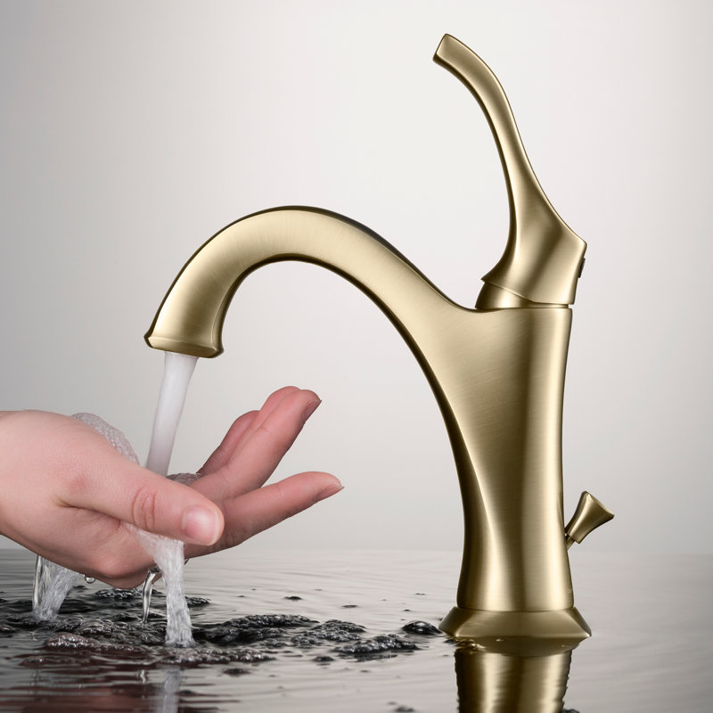 Kraus Arlo Single Hole 1-Handle WaterSense Bathroom Sink Faucet with Drain and Deck Plate, Brushed Gold