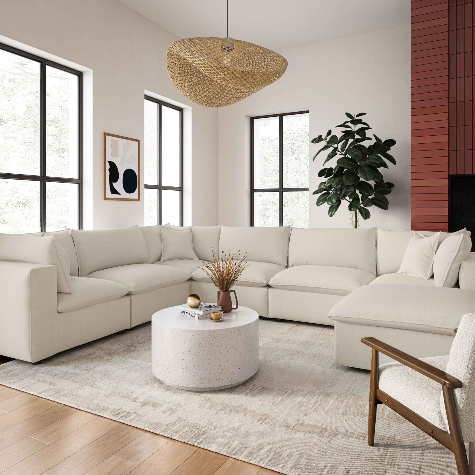 Ellaria Modular Upholstered Reversible U-Sectional, White Faux Leather