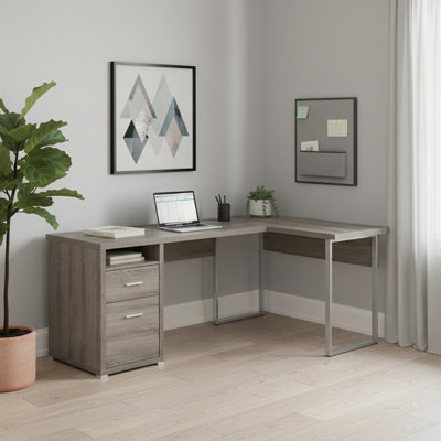 Bureau d'ordinateur en L 79 po avec deux tiroirs taupe et argent