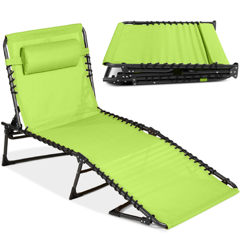 Patio Chaise Lounge Chair, Outdoor Portable Adjustable Pool Recliner W/ Pillow, Lime Green