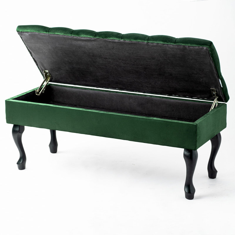 Velvet Upholstered Storage Bench, Green/Black, 44cm H x 80cm W x 35cm D