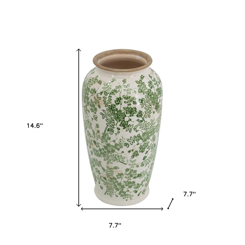Vase trompette en céramique à feuilles vertes et blanches de 15 pouces