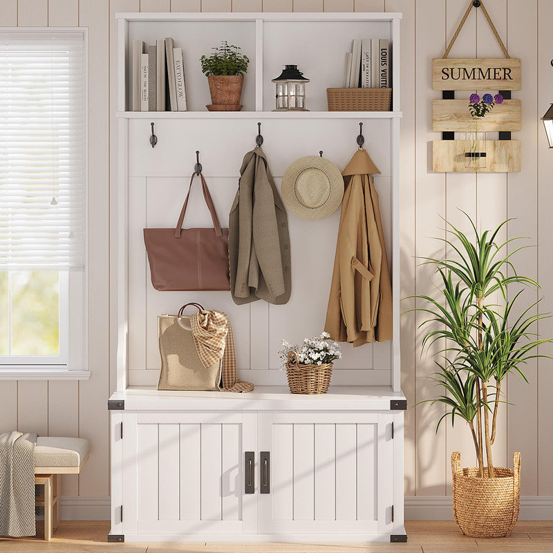 Arbre d'entrée 76 po avec banc et rangement pour chaussures, entrée 4-en-1 Farmhouse avec portemanteau et 5 crochets à trois crochets, tablette réglable, banc de vestibule blanc avec siège de rangement, peu encombrant, blanc
