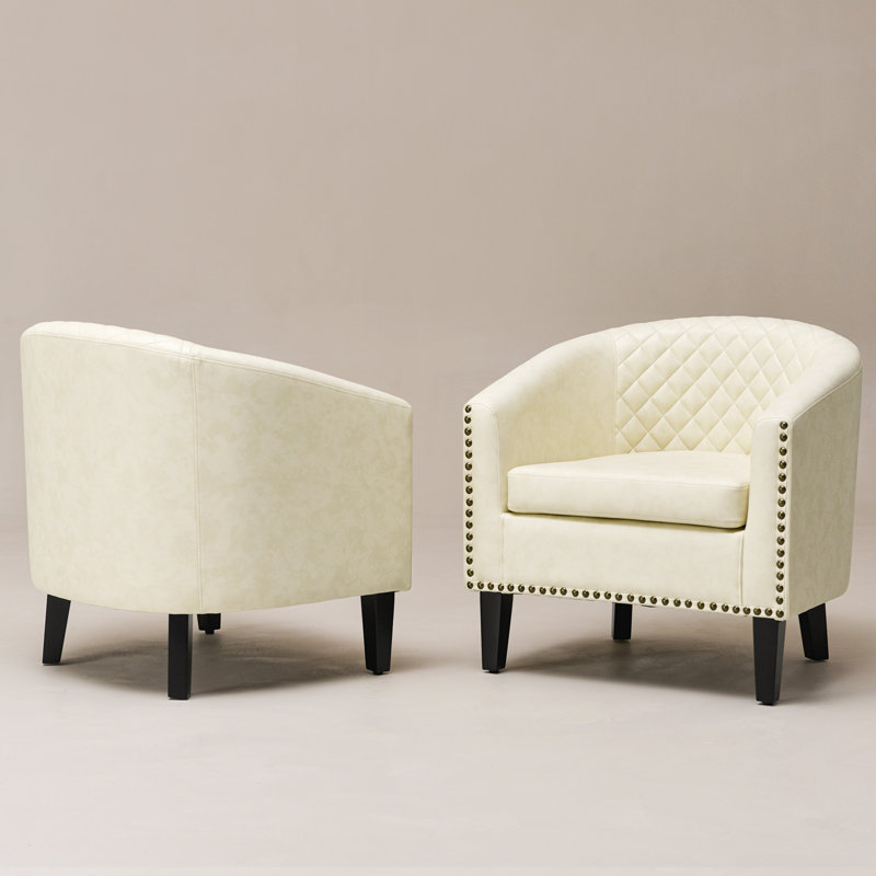 Fauteuil demi-tonneau capitonné 2 pièces Oscar, Similicuir crème