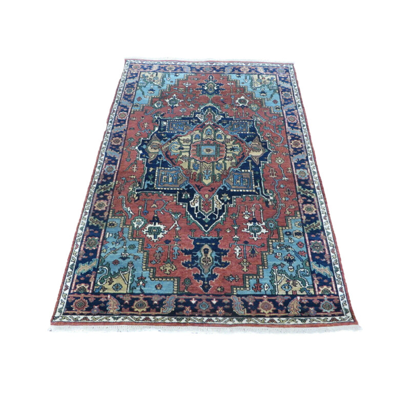 Médaillon Serapi antique noué à la main orange / bleu clair / vert clair / ivoire, Rectangle 4 pi x 5 pi 10 po