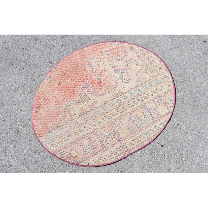 Small Vintage Turkish Rug in Round Shape Featuring Antique Design and Striking Orange Ideal for Organic Entryway Decor