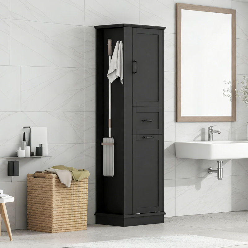 Modern Tall Bathroom Storage Cabinet With Tilt-Out Compartment,Adjustable Shelves,Soft-Close Hinges, Black