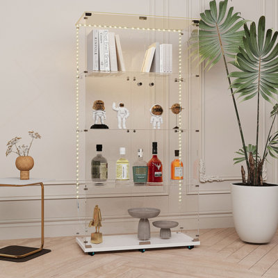 Multi-Functional Tempered Glass Cabinet With Bluetooth LED Strip And Swivel Casters, Suitable For Wine Storage, Display, And File Organization