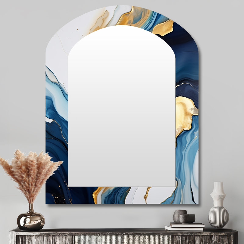 Distant River Liquid Art - River Asymmetrical Large Mirror, Blue Arch Decorative Wall Mirror, Printed Metal Art, 43'' x 33''