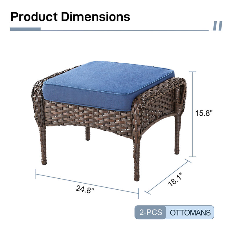Ensemble de 2 repose-pieds d'extérieur en osier, repose-pieds de patio avec coussin, tabouret de siège supplémentaire pour la cour, la terrasse et le porche