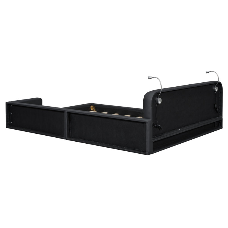 Grand lit plateforme tapissier avec 2 lampes de lecture, Noir