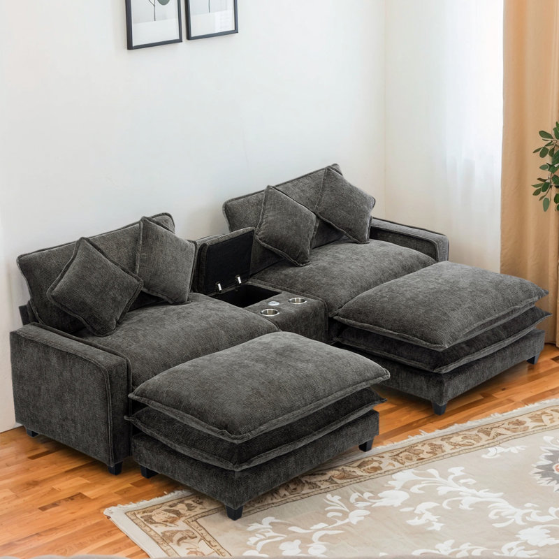 Canapé modulaire modulaire avec 2 repose-pieds, ports USB, porte-gobelets et rangement caché - Canapé en L revêtu de chenille