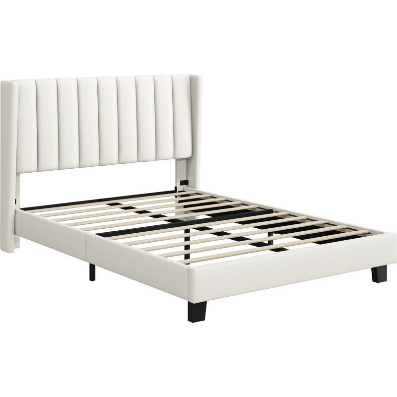 Upholstered Bed Frame with Channel Tufted Headboard, Beige, Double (4'6)