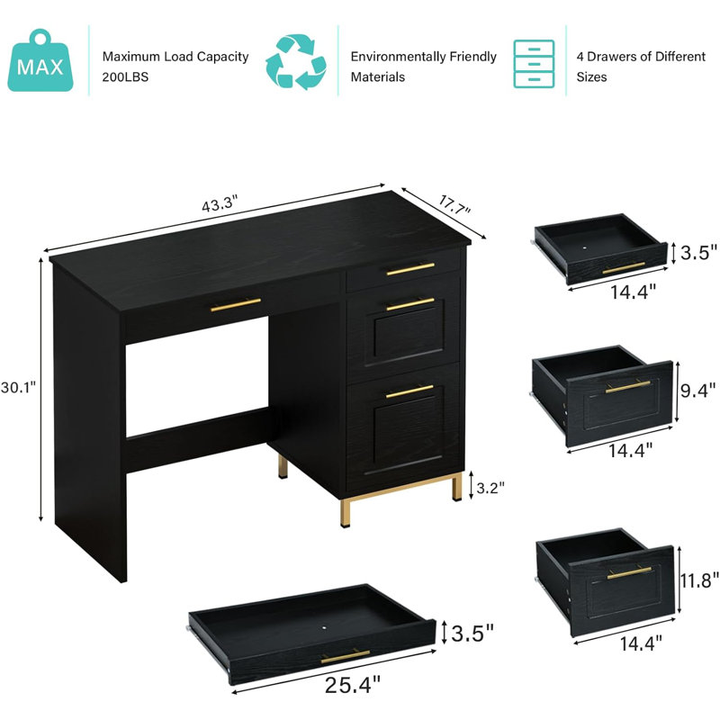 Hasib 43.3'' W Rectangle Computer Desk, Black