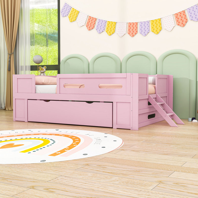 Wood Low Loft Bed with Guardrail and Storage Drawer,Ladder, Full, Pink
