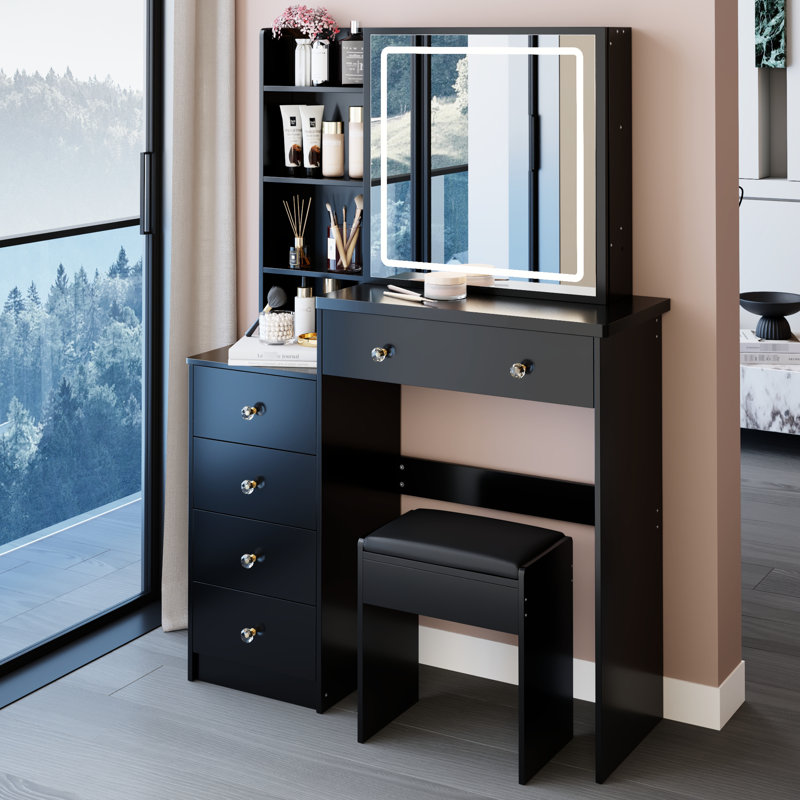 Meuble-lavabo de 37 po de taille moyenne et tabouret rembourré, commode tricolore, miroir à DEL réglable en luminosité, rangement grande capacité, design américain, ensemble de meubles noir