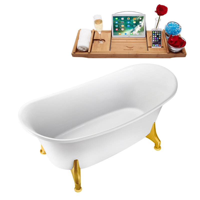 67'' Streamline Clawfoot Soaking Acrylic Bathtub With Drain, Clawfeet, and Bamboo Tray, Polished Gold, Brushed Gold