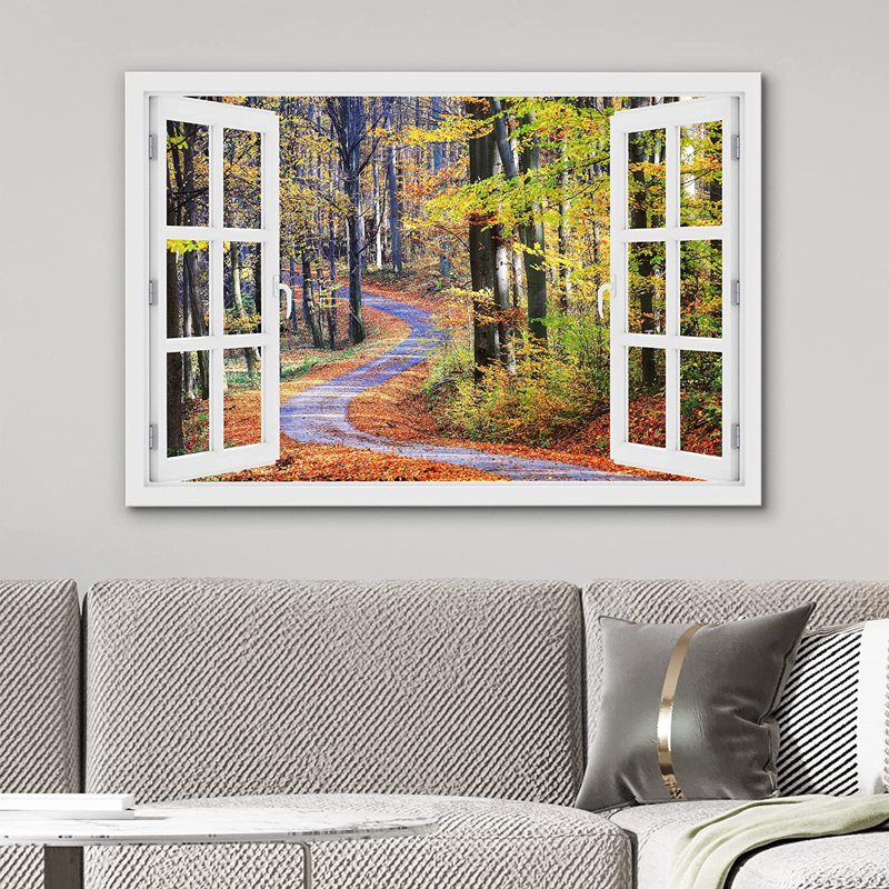 Automne, automne, reproduction d'art sur toile, fenêtre, vue, route, automne, arbre, forêt, nature, photographie, réalisme, paysage rustique, coloré, multicolore, décor pour le salon, la chambre à coucher, le bureau