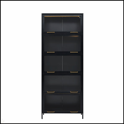 78.75'' Tall Iron Display Cabinet With Glass Doors, 5-Tier Steel Bookcase With LED Lights For Collectibles And Books, Modern Style Curio Cabinet For Home And Office - Black