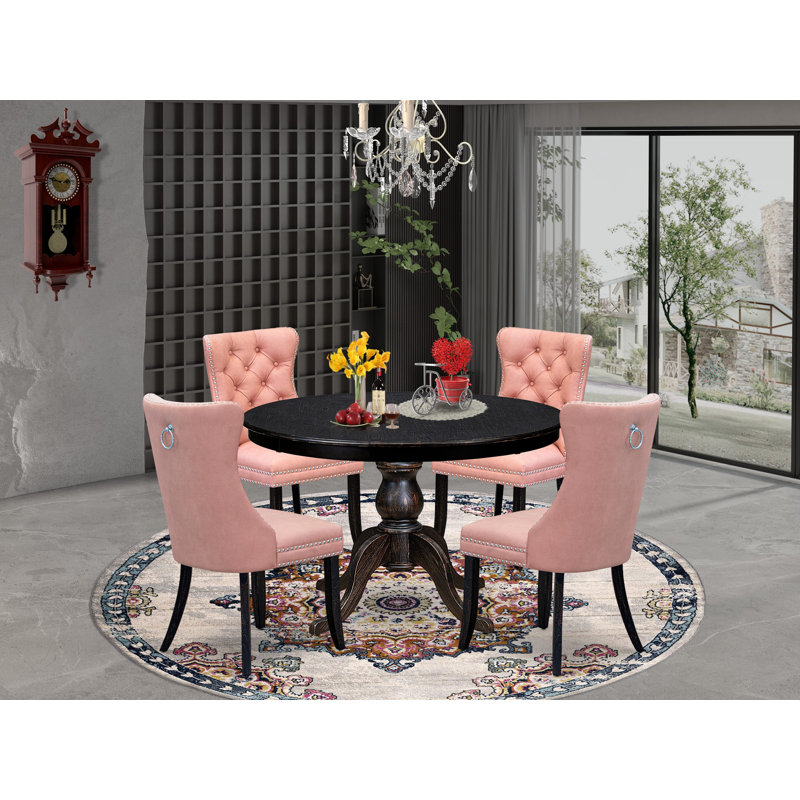 Ensemble de salle à manger 5 pièces pour 4 tables rondes de 48 po avec piédestal et 4 chaises rembourrées en polyester beige, noir sablé