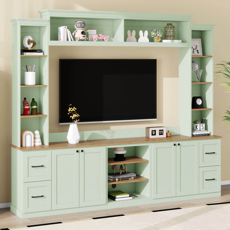 Meuble télé avec bibliothèque pour téléviseur de 70 po, centre de divertissement avec tablettes réglables, console multimédia avec tiroirs et armoires