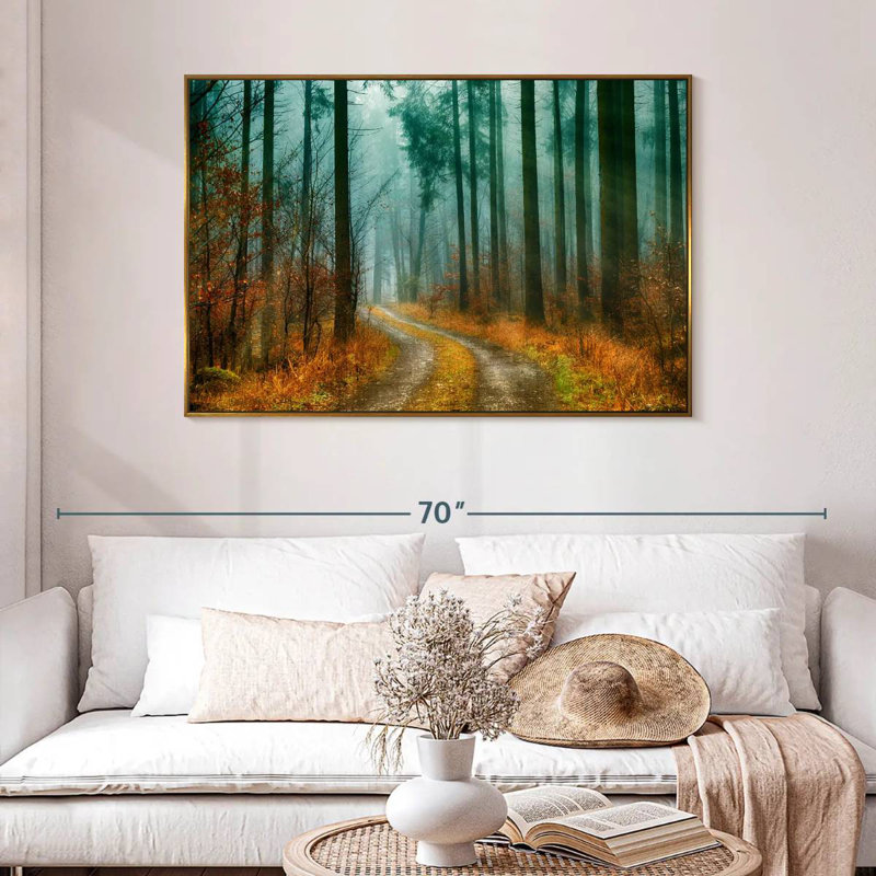 Sentier de la forêt d'automne, 46 po x 31 po, Cadre flottant doré