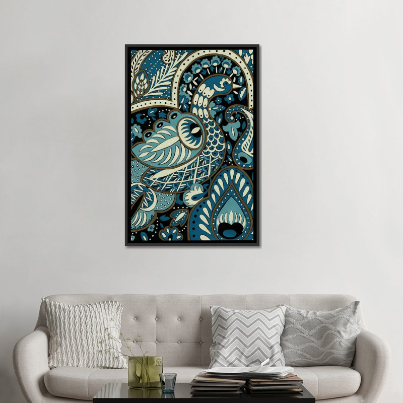 «Indigo Peacock I», impression sur toile, Toile avec cadre noir, H 26 po x l 18 po x P 1,5 po, Pas de tapis