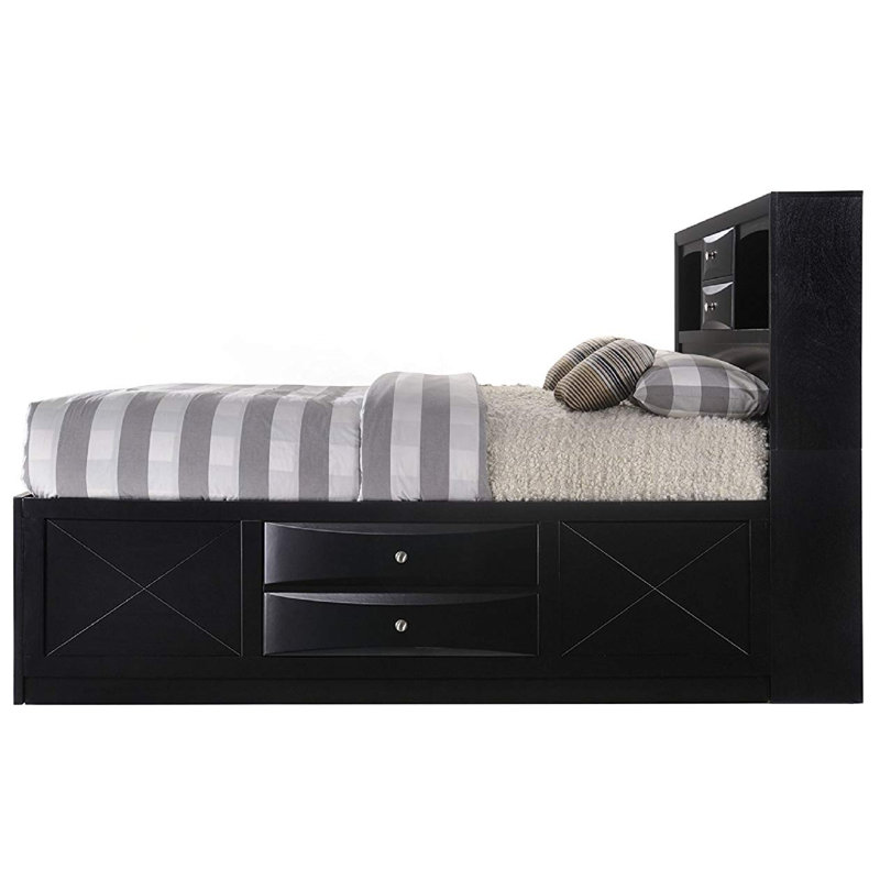 Grand lit avec rangement spacieux et bibliothèque - Mobilier de chambre fonctionnel avec 8 tiroirs, plateforme et rangement spacieux