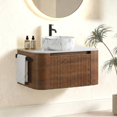 Meuble-lavabo de 30 po avec lavabo, armoire murale en noyer avec porte-serviettes gratuit, lavabo simple en céramique de Carrare blanc, sans drain et robinet, pré-assemblé