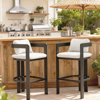 Outdoor Patio Aluminum Counter Stool, Bar Chair, Black Frame With Grey Cushion, Set Of 2