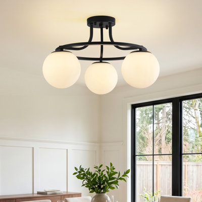 3-Light 20.08" Modern Semi Flush Mount Ceiling Light, Matte Black Frosted Glass Globe Close to Ceiling Light Fixture for Bedroom, Hallway, Entryway, Dining Room