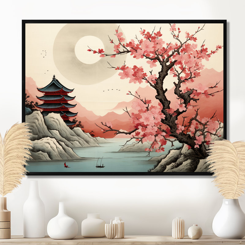Art japonais de paysage de rivière, fleur de cerisier japonais, Toile avec cadre flottant noir, H 12 po x l 20 po x P 1 po