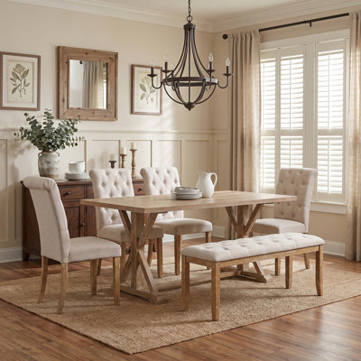 6-Piece Retro Dining Table Set, Solid Wood Dining Set with Rectangular Trestle Table and 4 Upholstered Chairs & Bench for Dining Room and Kitchen