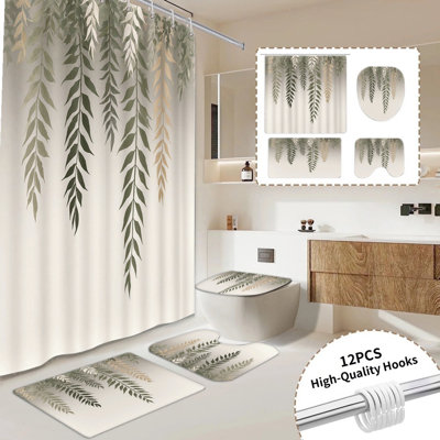 Rideau de douche à suspendre 4 pièces, luxueux décor de salle de bain botanique avec 12 crochets inclus, tapis de bain antidérapant, tapis de toilette en forme de U, couvercle de couvercle de toilette, accessoires de salle de bain toutes saisons
