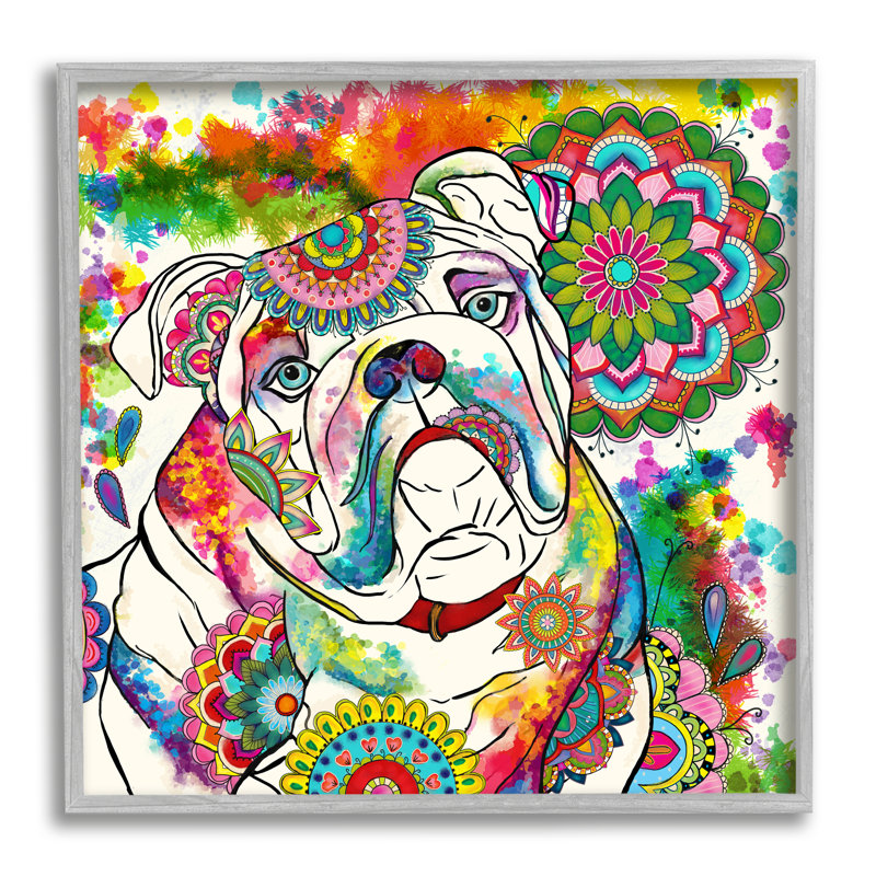 Portrait de bouledogue pour animal de compagnie, médaillon vibrant, motif bohème surdimensionné encadré noir, art texturé par Sangita Bachelet