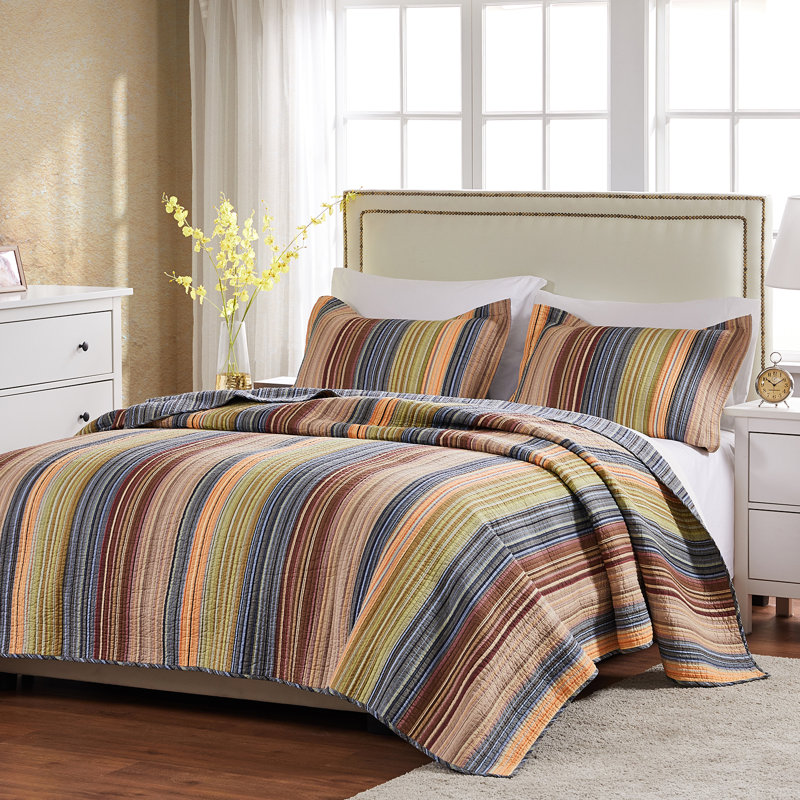 Ensemble de courtepointe réversible 100% coton Katy brun / rouge / bleu, Courtepointe double / grand et 2 taies décorative
