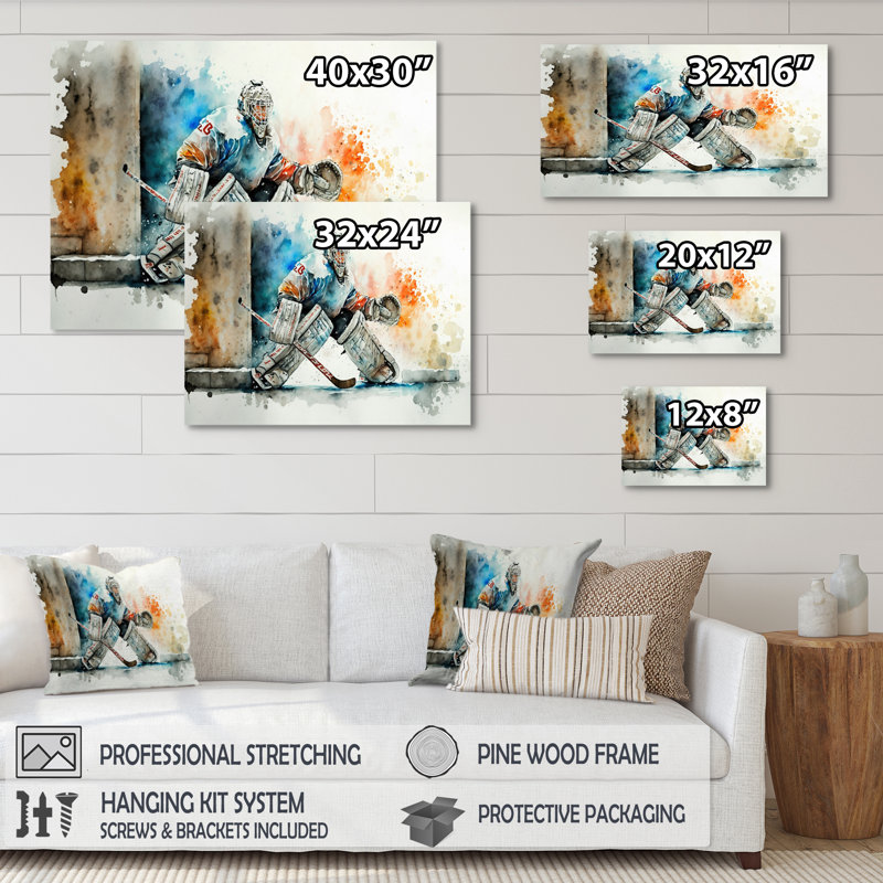 Gardien de but pendant le jeu I - Peinture sur toile, H 30 po x l 40 po x P 1,5 po, Toile tendue