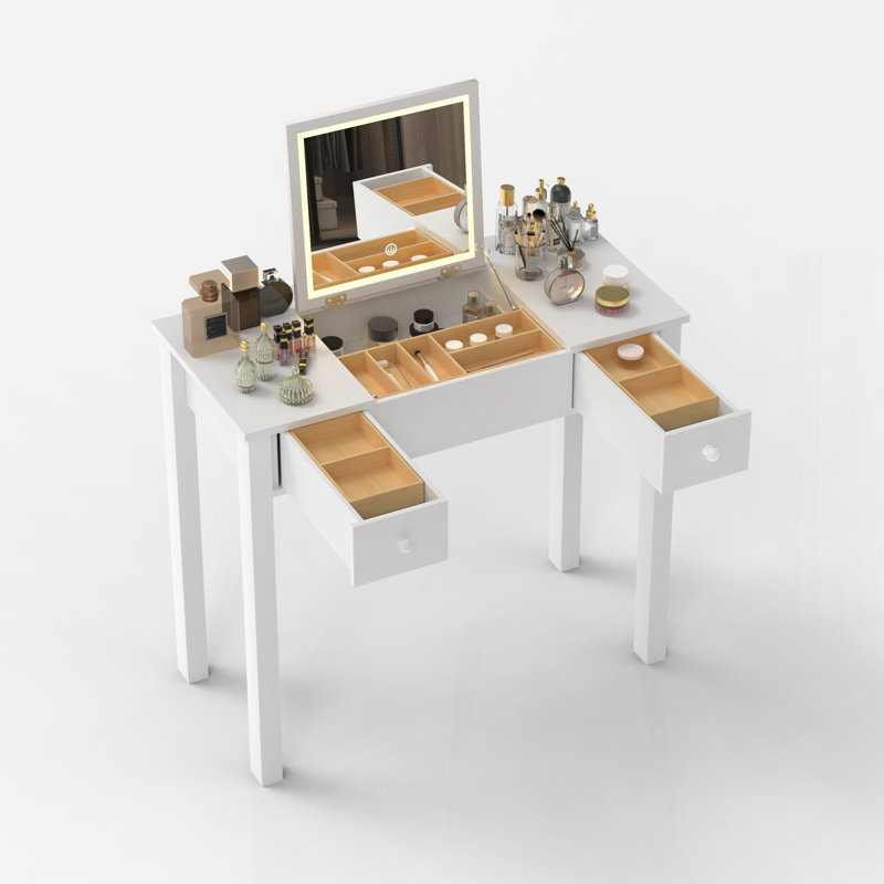 Small Makeup Vanity Table, Dresser Desk with 2 Drawers , Flip Top Mirror Organizer, Makeup Dressing Table for Bedroom, Dressing Room
