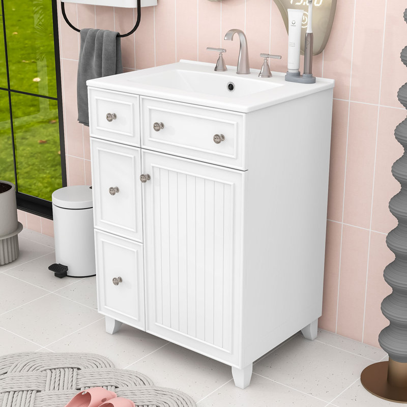 Ensemble de meuble-lavabo simple autoportant en bois avec lavabo en céramique Masten, Blanc