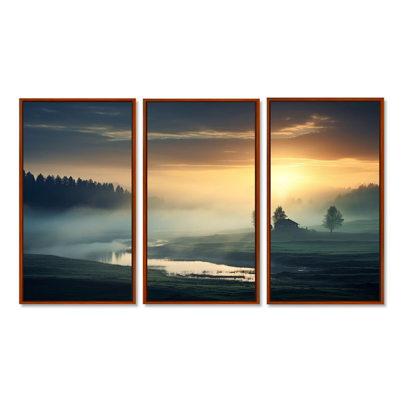 «Misty Sunset Over Forest River», ensemble de décorations murales coucher de soleil, Cadre flottant brun