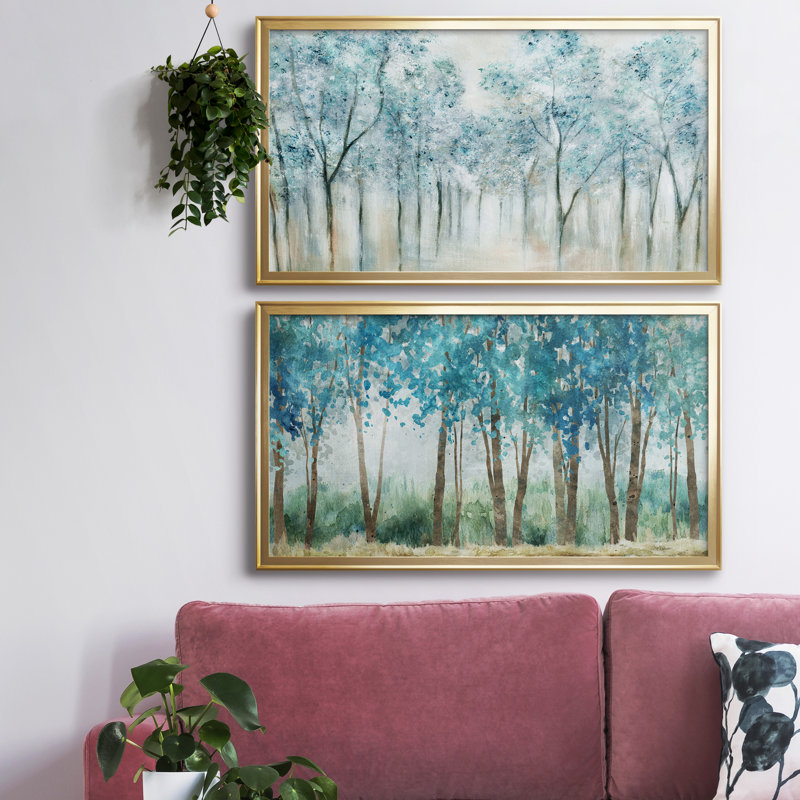 Printemps bleu - ensemble de 2 peintures sur toile encadrées, H 10,5 po x l 37 po x P 1,5 po, Doré