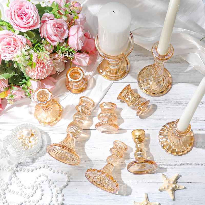 10 Pcs Gold Glass Crystal Taper Candle Holders
